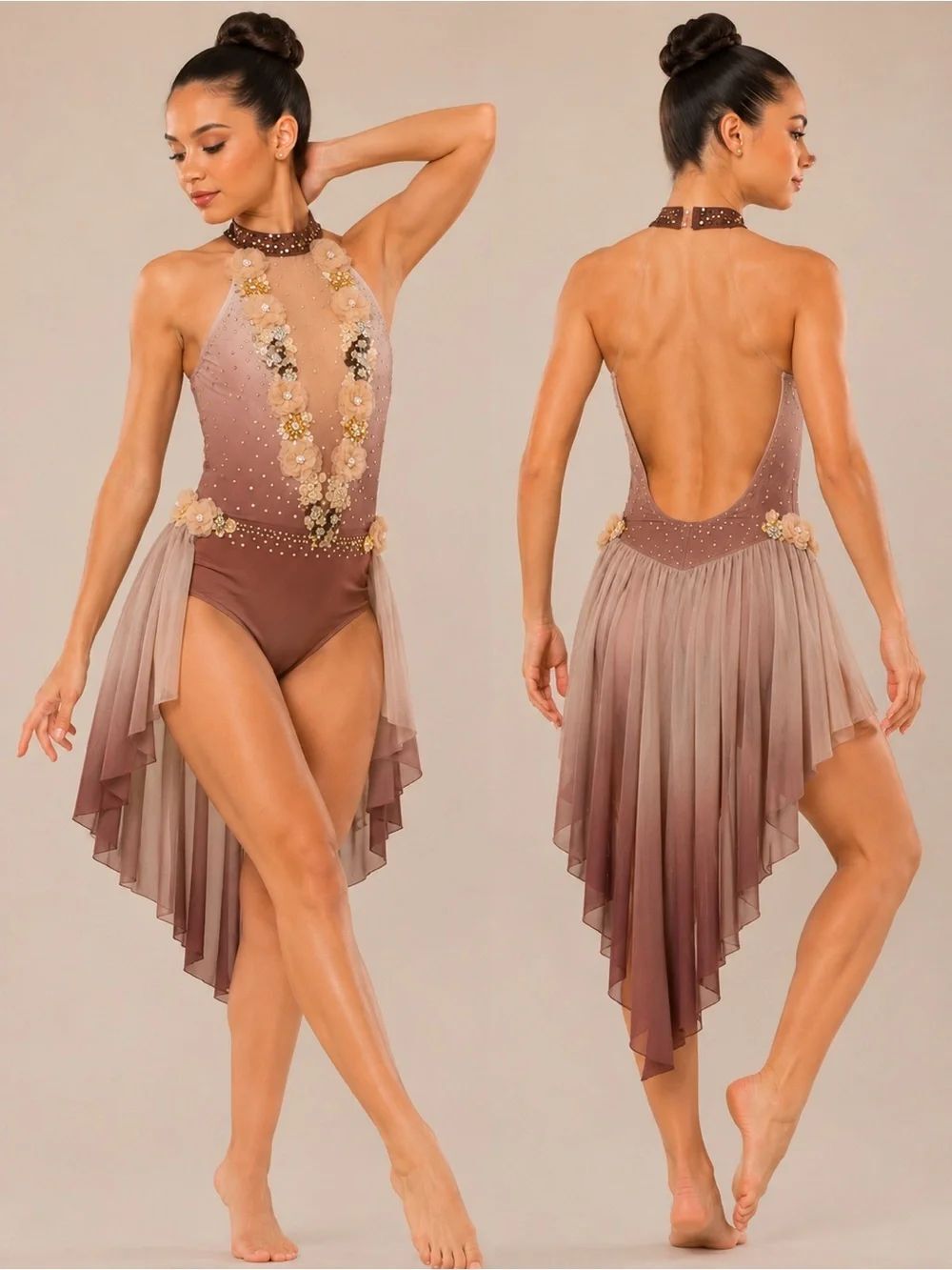 Glamour Ombre Lyrical Dance Costume Open Back Halter Floral Applique XLC SA
